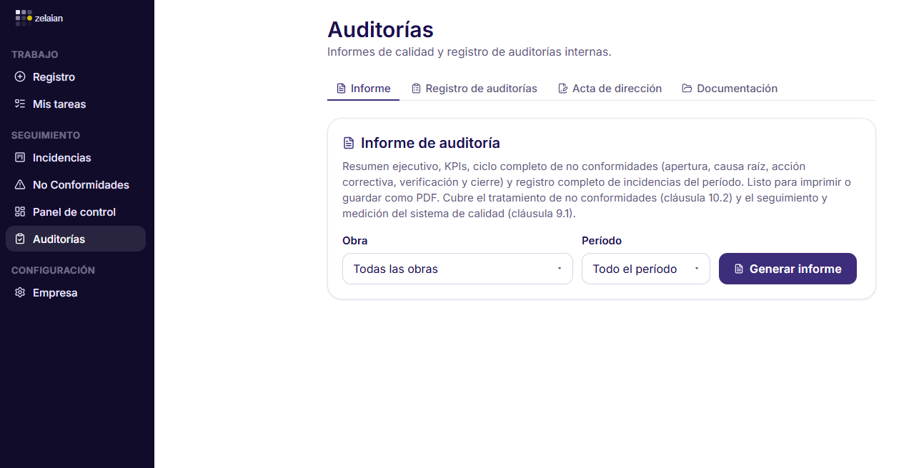 Informe de calidad de Zelaian con indicadores y seguimiento de acciones correctivas