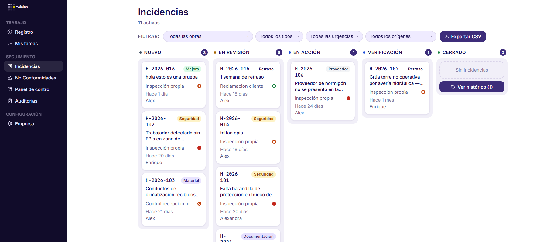 Tablero de calidad de Zelaian con los hallazgos organizados por estado: nuevo, en revisión, en acción, verificación, cerrado